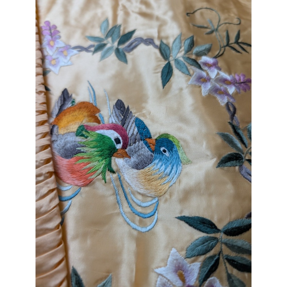 Vtg bai hau Peach Satin Pillow Cover Embroidered Mandarin Ducks Golden Bee 2 - Picture 3 of 10